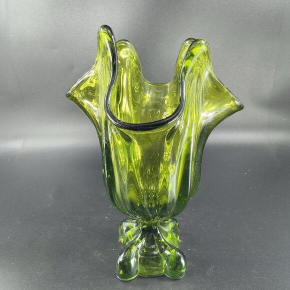 Viking Glass Avocado Green Epic Four Square Base Swung Glass Vase Bowl Dish VTG - Picture 13 of 13